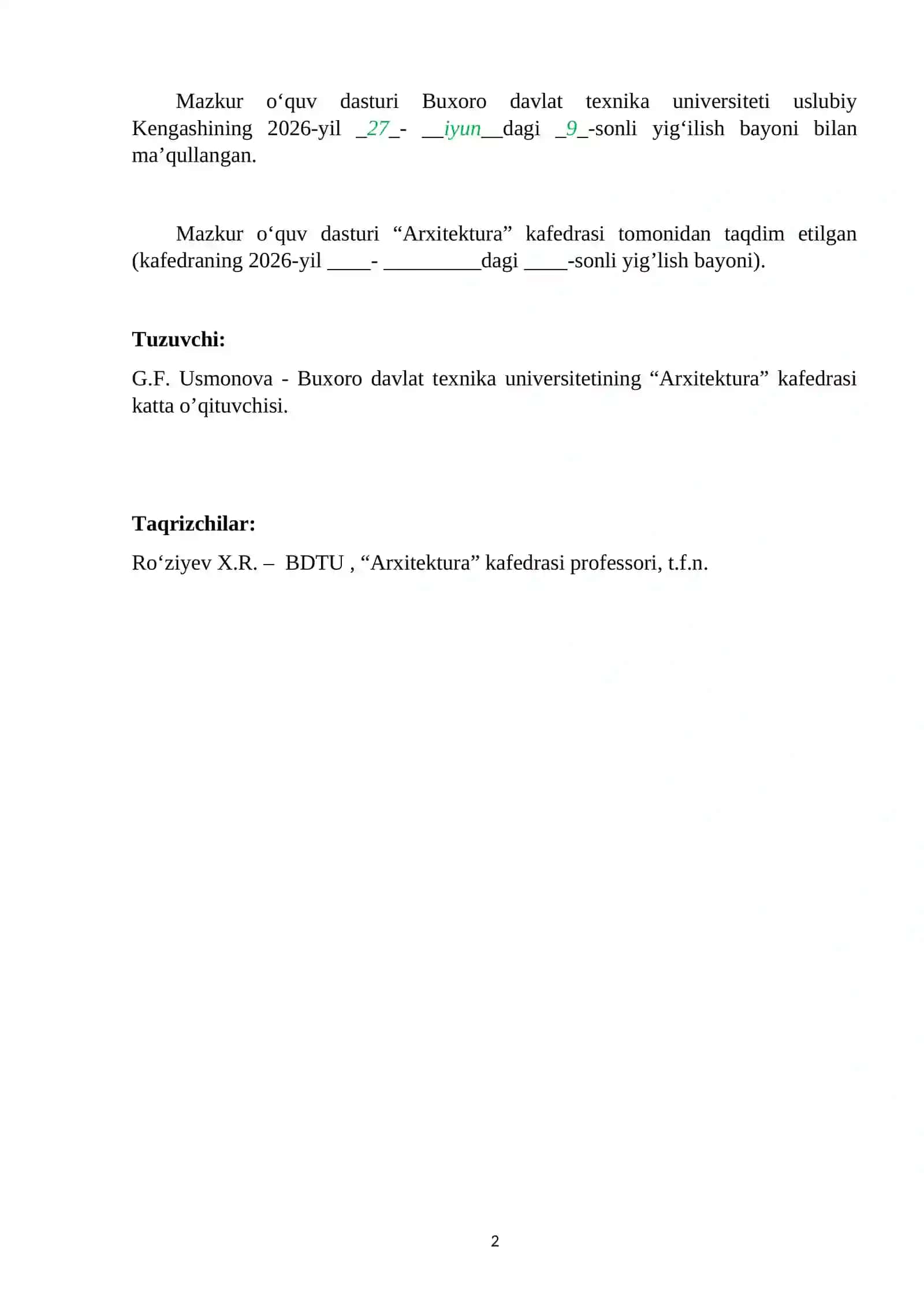Arxitektura va qurilish tarixi fanining o‘quv dasturi.docx 2