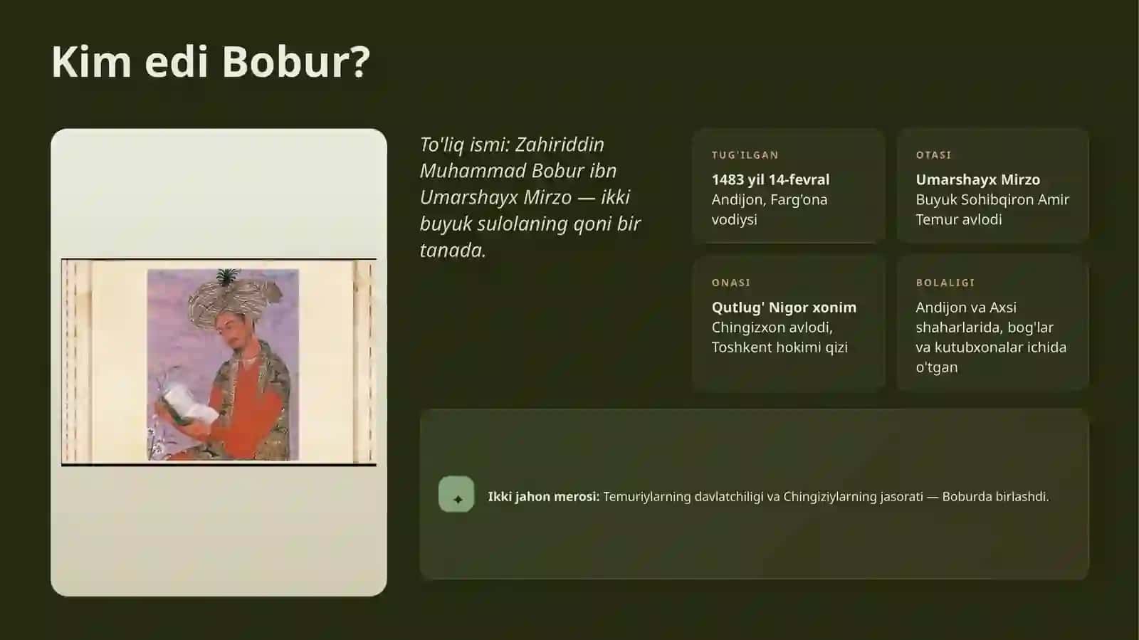 Zahiriddin Muhammad Bobur buyuk shoir , Sarkarda va boburiylar asoschisi (Prezentatsiya) 2