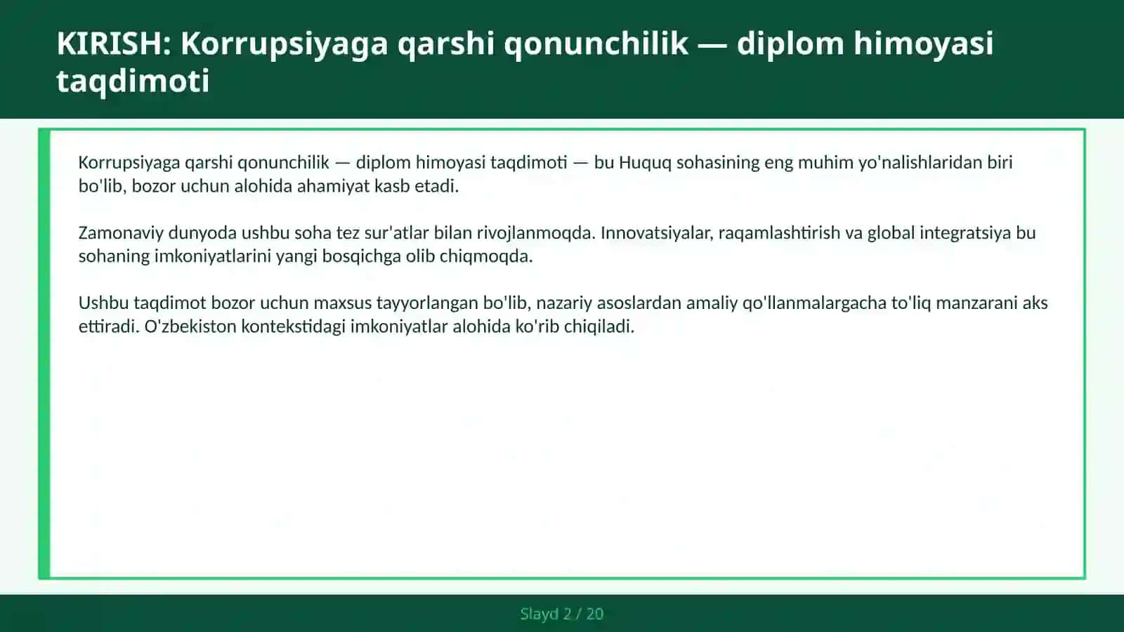 Korrupsiyaga qarshi qonunchilik — diplom himoyasi taqdimoti 2