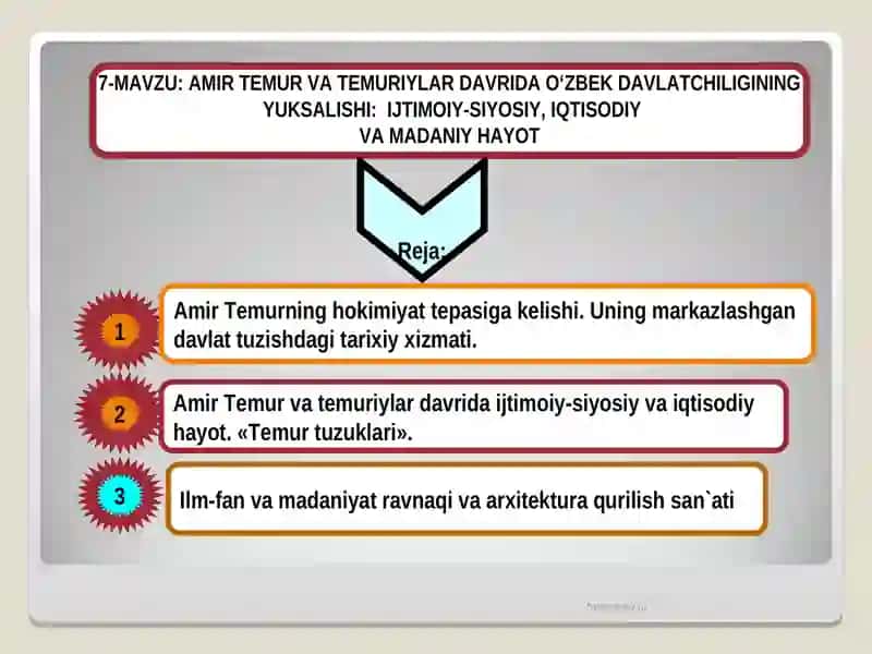 AMIR TEMUR VA TEMURIYLAR DAVRIDA O‘ZBEK DAVLATCHILIGINING YUKSALISHI:IJTIMOIY-SIYOSIY, IQTISODIY VA MADANIY HAYOT 2