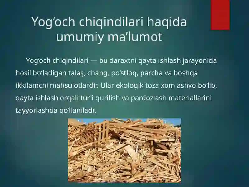Yog‘och chiqindilari va mineral bog‘lovchilar asosida olinadigan materiallar 2