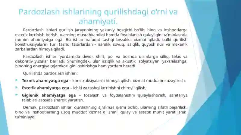 Pardozlashishlarining qurilishdagi o‘rni va ahamiyati 2
