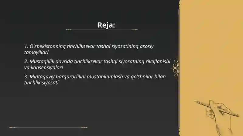 O'zbekistonning tinchliksevar tashqi siyosati va uning jahon hamjamiyati ustidan tan olinishi 2