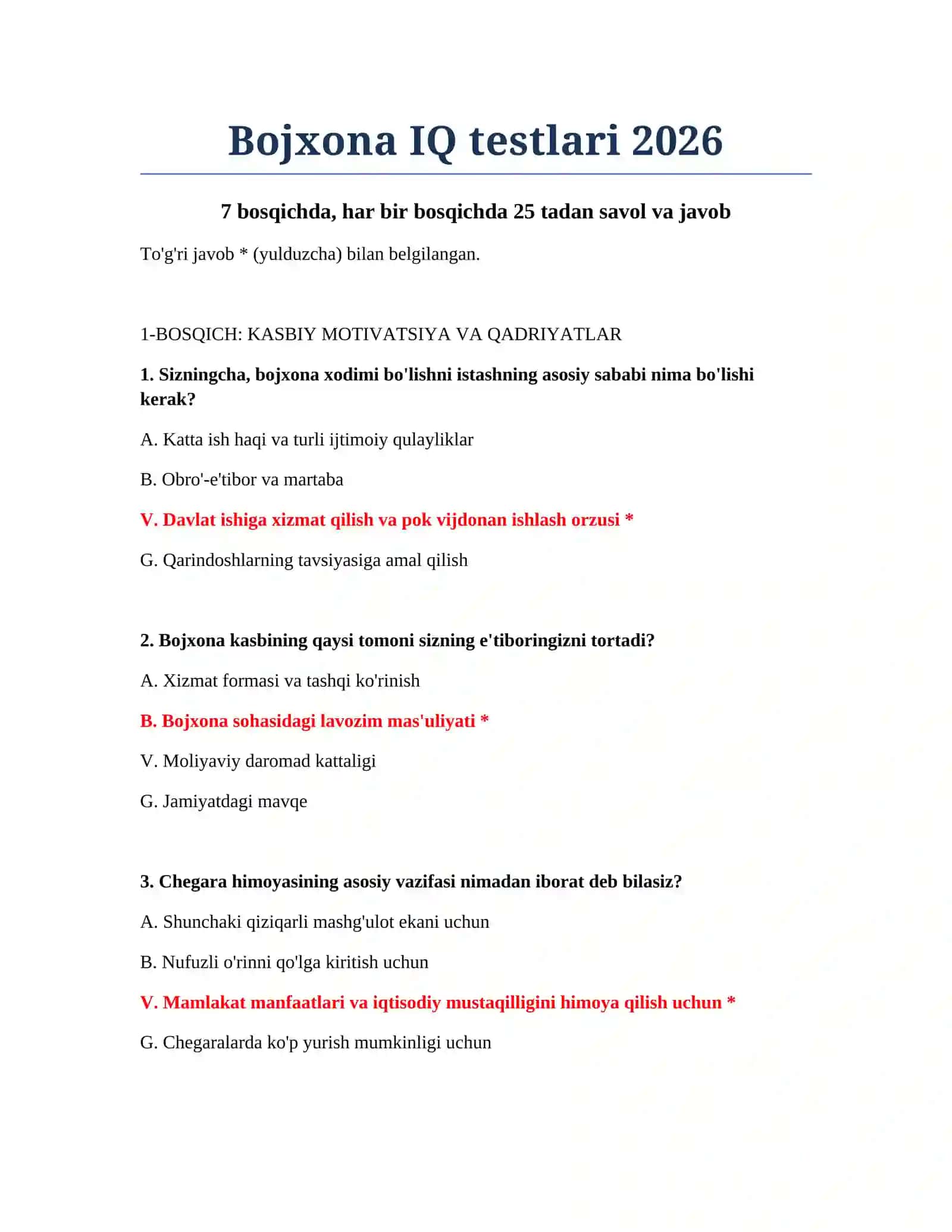 Bojxona IQ testlari 2026 2