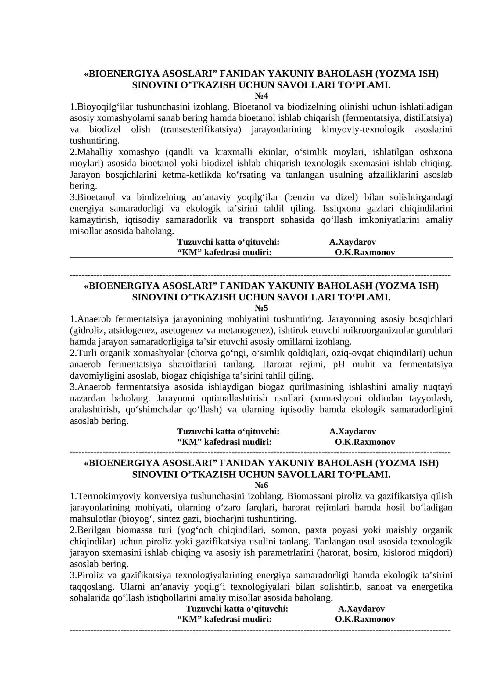 "BIOENERGIYA ASOSLARI" FANIDAN YAKUNIY BAHOLASH (YOZMA ISH) SINOVINI O’TKAZISH UCHUN SAVOLLARI TO‘PLAMI 2