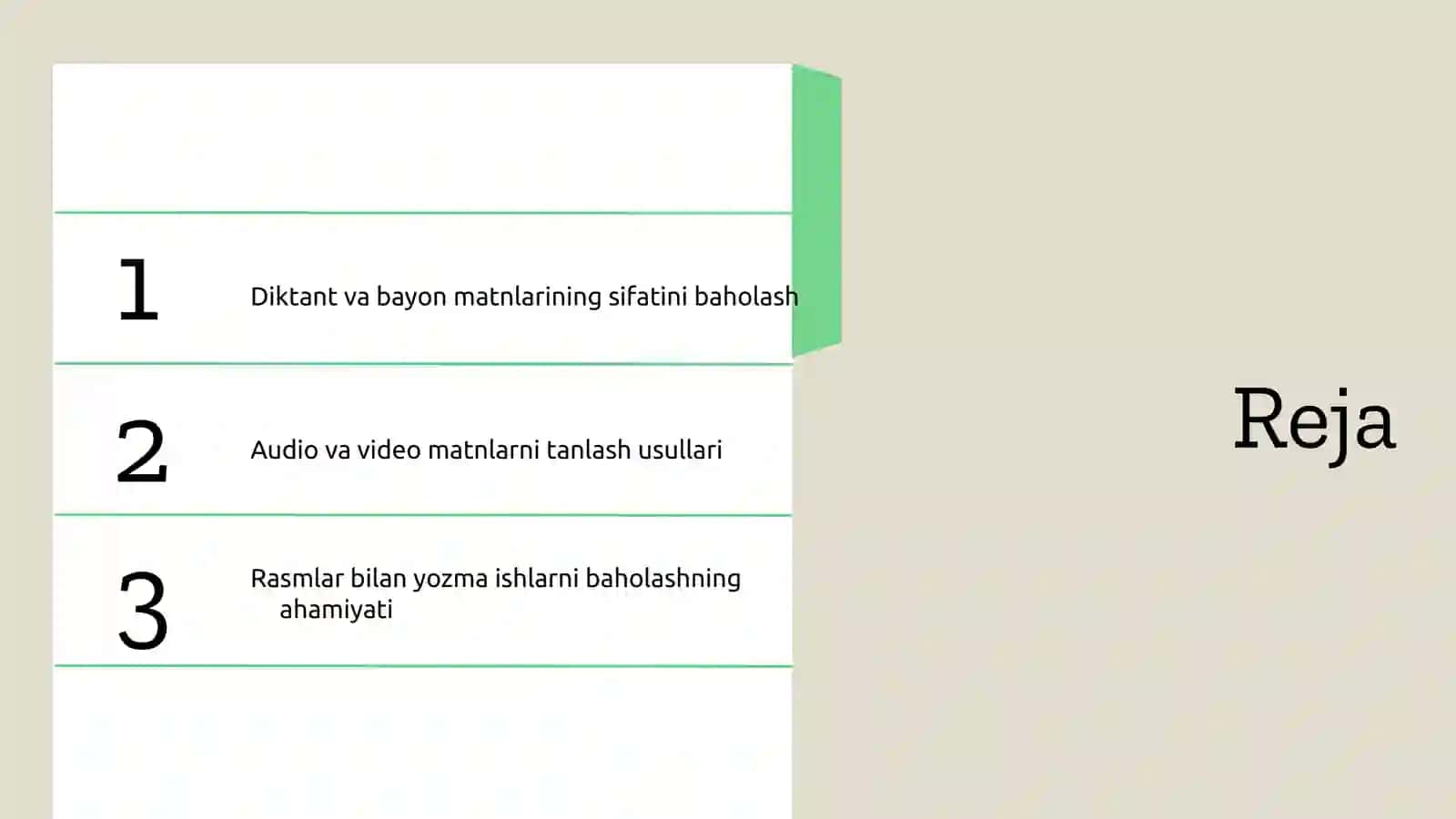 Yozma ishlar  Diktant , bayon uchun matnlar  ni tanlash va ularni baholash texnikasi .  (Matn , audio matn , videolavha , rasmlar misolida ) 2