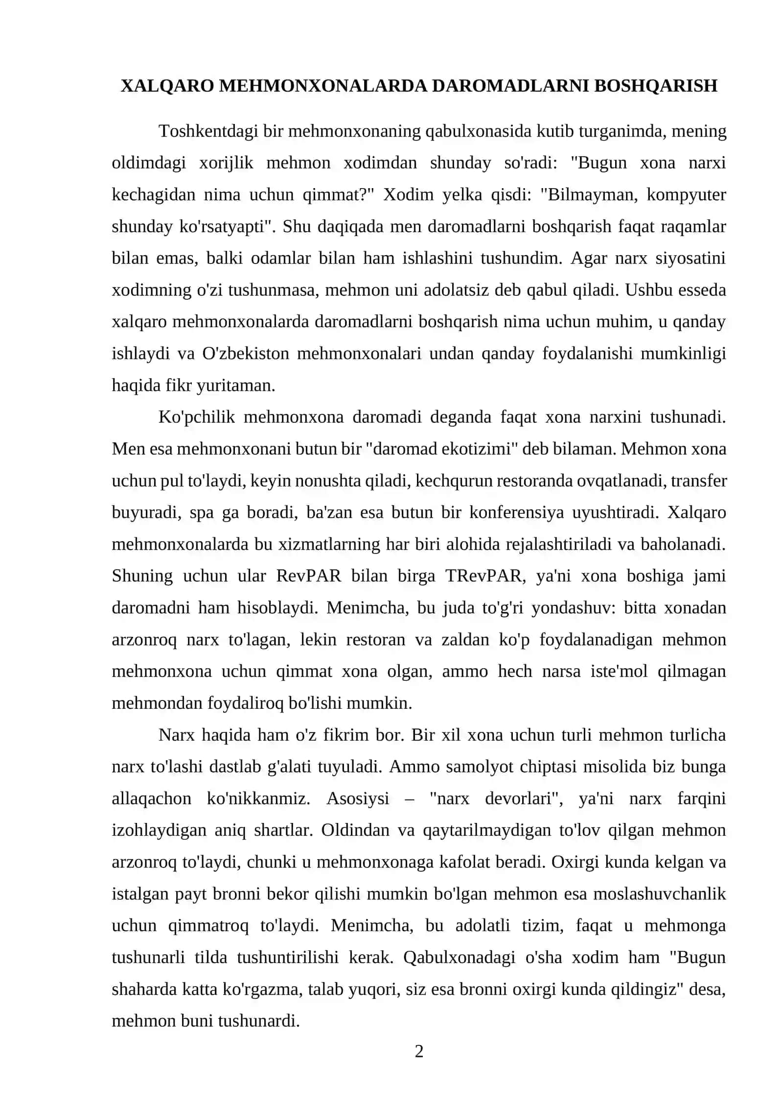 ESSE: Xalqaro mehmonxonalarda daromadlarni boshqarish 2