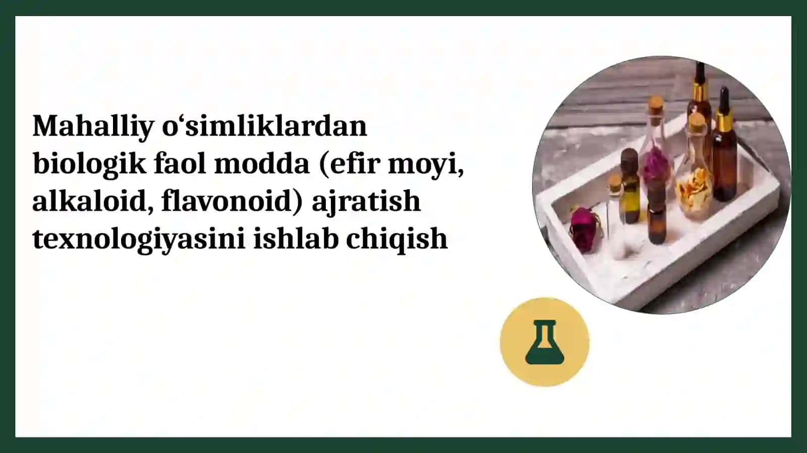 Mahalliy o‘simliklardan biologik faol modda (efir moyi, alkaloid, flavonoid) ajratish texnologiyasi 2