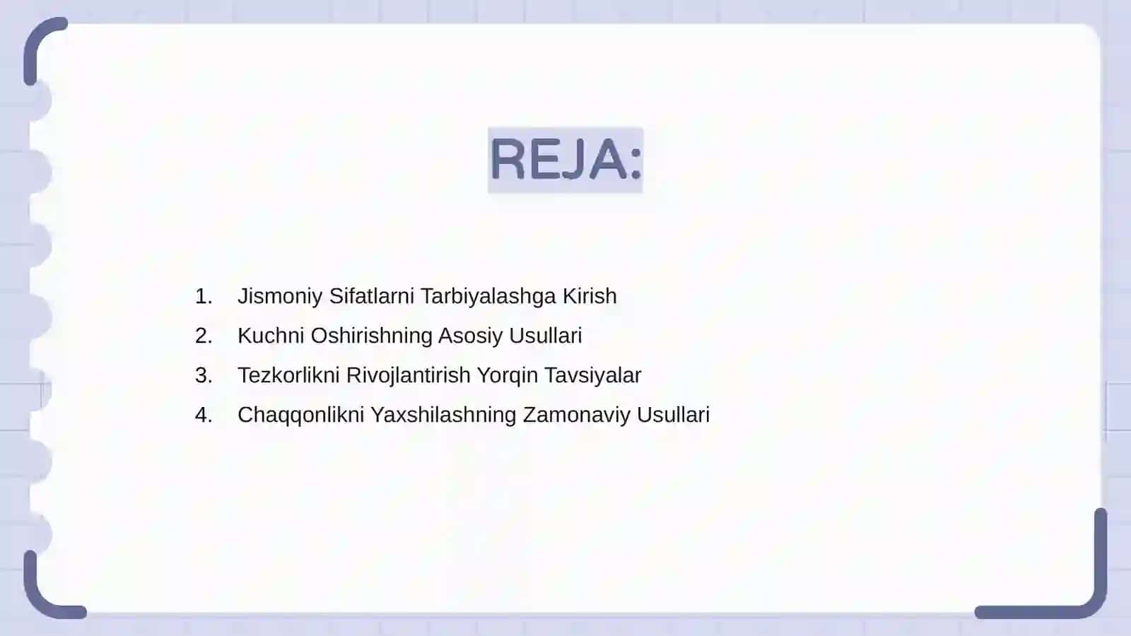 Jismoniy sifatlarni (kuch, tezkorlik, chaqqonlik, egiluvchanligi, chidamlilik) tarbiyalash medodikasi 2