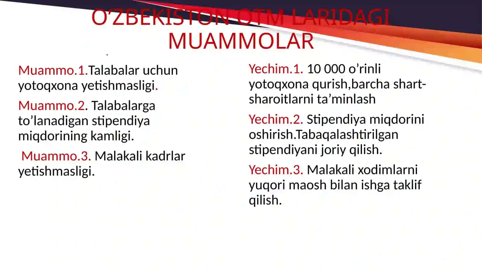 O’ZBEKISTON OTM LARIDAGI MUAMMOLAR 2