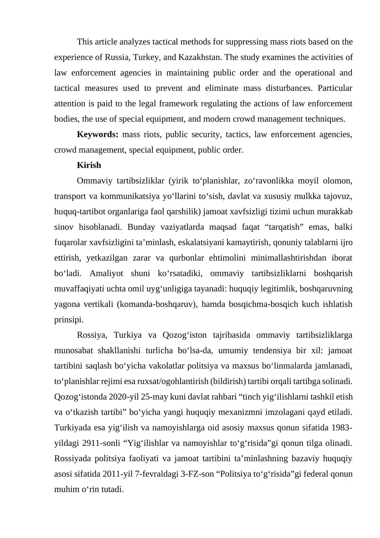 OMMAVIY TARTIBSIZLIKLARNI BARTARAF ETISHDA (ROSSIYA, TURKIYA VA QOZOG‘ISTON) TAKTIK USULLAR: HUQUQIY ASOS VA AMALIY YONDASHUVLAR 2