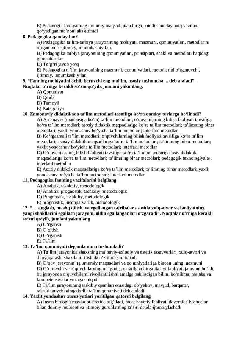 Umumiy pedagogika fanidan oraliq nazorat savollari 2