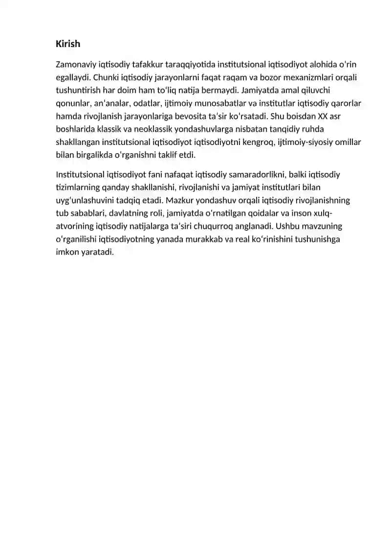 Institutsional iqtisodiyot fanining paydo boʻlishi predmeti va rivojlanishi 2