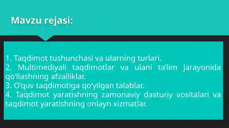 Tayyor ma’lumot asosida yaratgan slaydlarni taqdimot darajasiga chiqarish 2