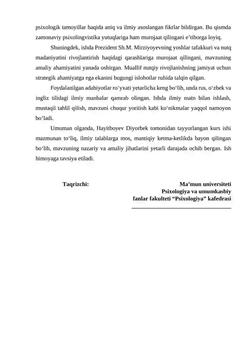 "Nutq va nutqiy faoliyatning psixologik asoslari" kurs ishi 2