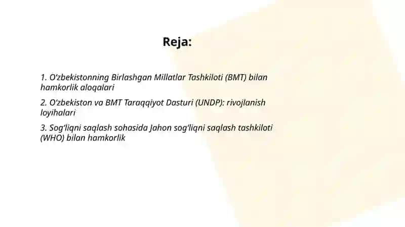 O‘zbekistonning xalqaro tashkilotlar bilan hamkorlik aloqalari 2