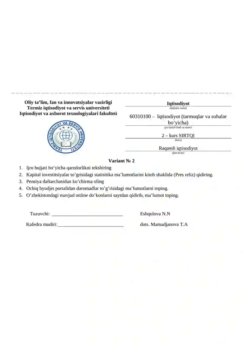 60310100 – Iqtisodiyot (tarmoqlar va sohalar bo‘yicha) 2