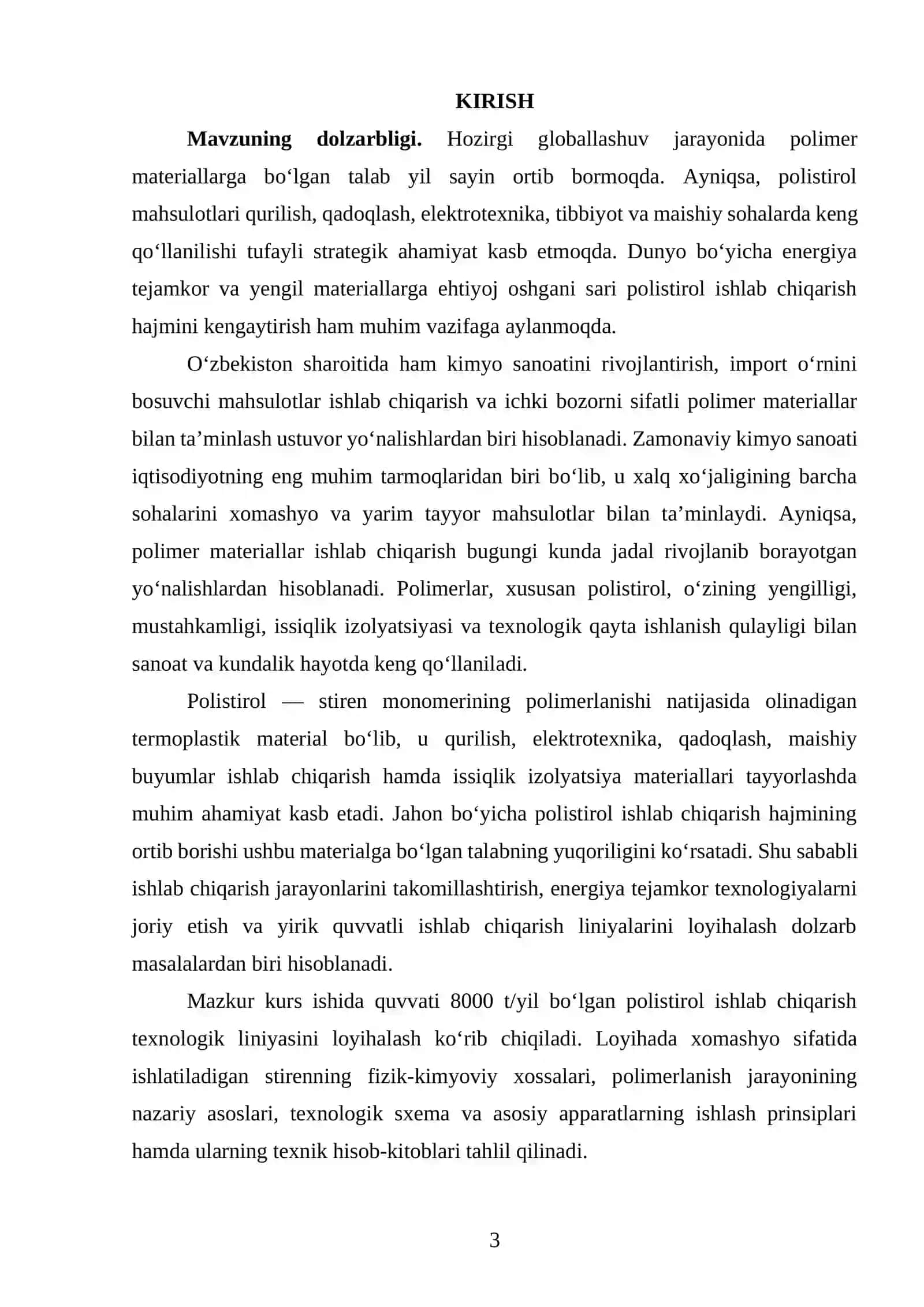 Quvvati Q=8000 t/yil boʻlgan polistirol ishlab chiqaradigan texnologik liniyasini loyihalash 2