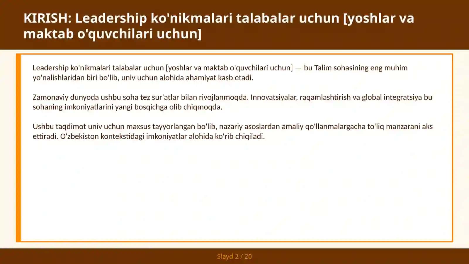 Leadership ko'nikmalari talabalar uchun [yoshlar va maktab o'quvchilari uchun] 2