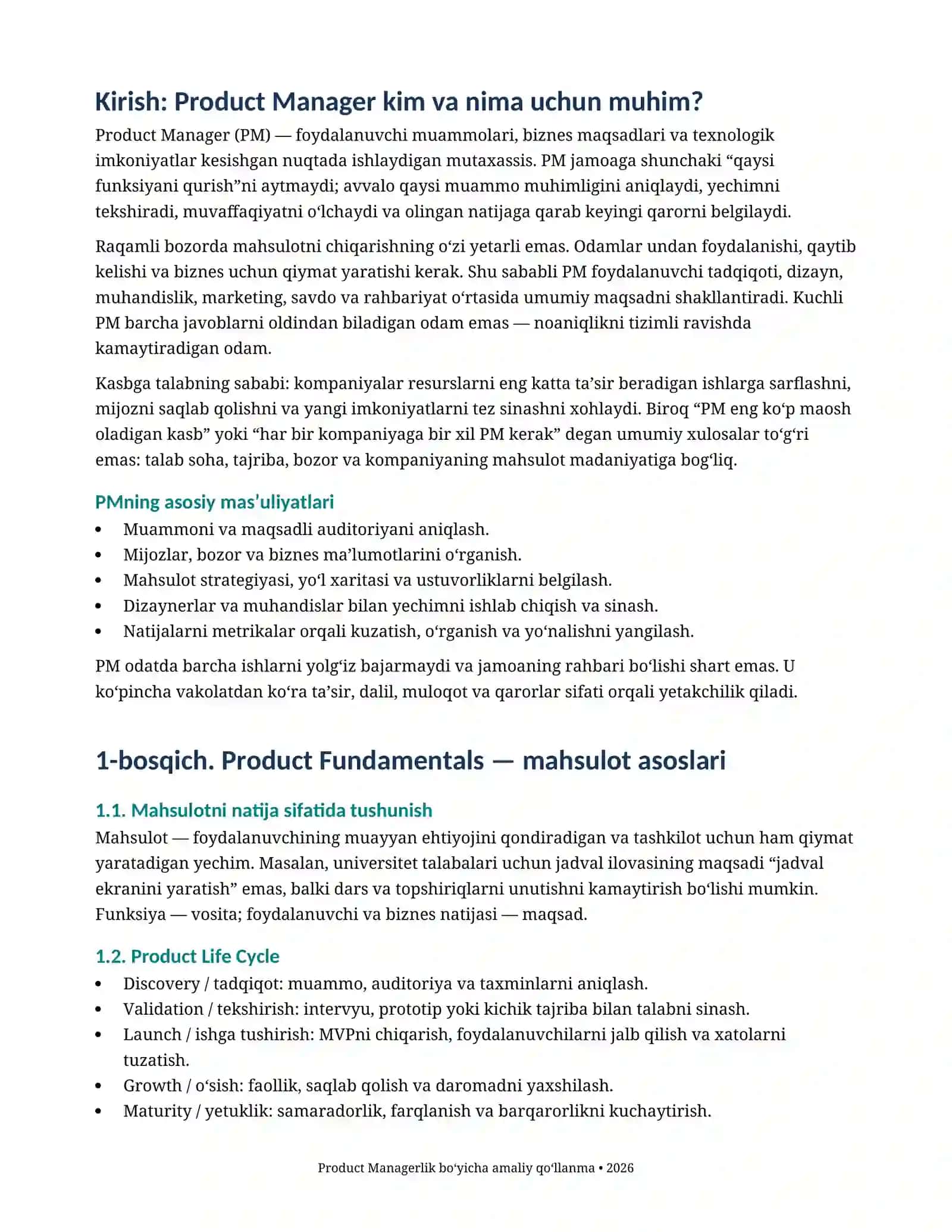 Product Managerlik 2026: Noldan o‘rganish va amaliy qo‘llanma 2