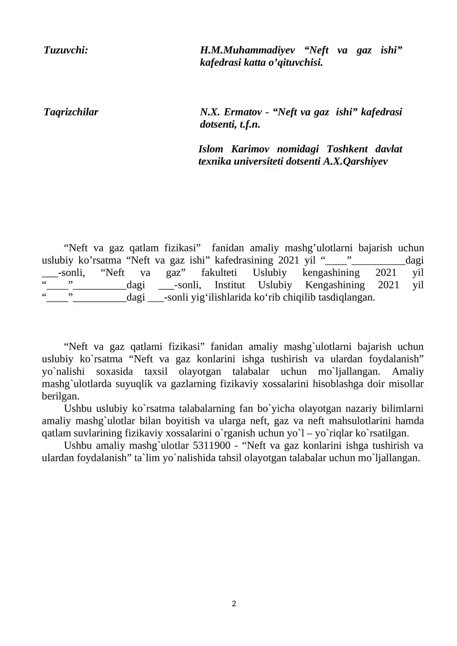 Neft va gaz qatlami fizikasi amaliy mashg'ulotlari 2