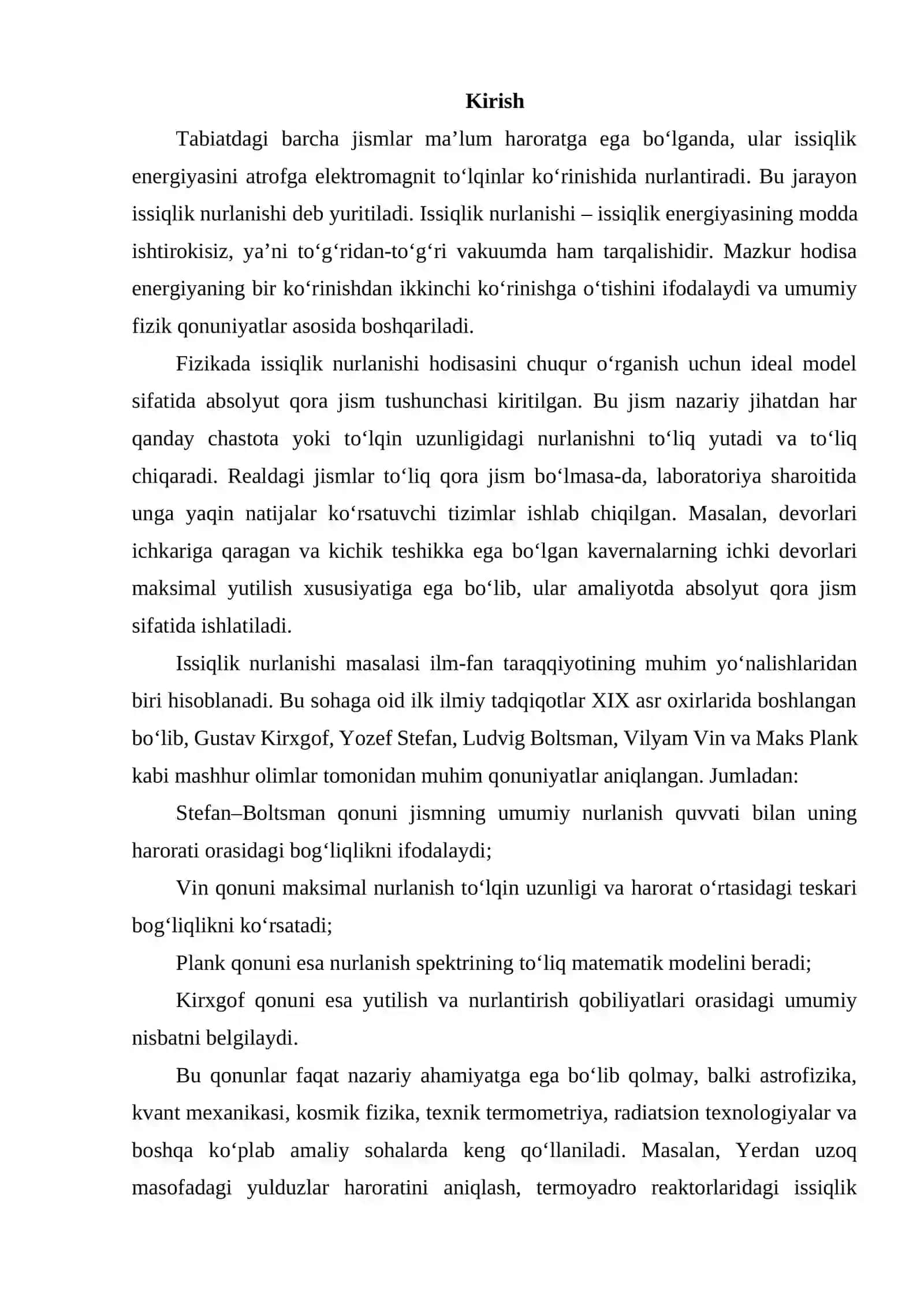 ABSOLYUT QORA JISM VA UNING NURLANISH QONUNLARI. STEFAN-BOLSMAN QONUNI 2
