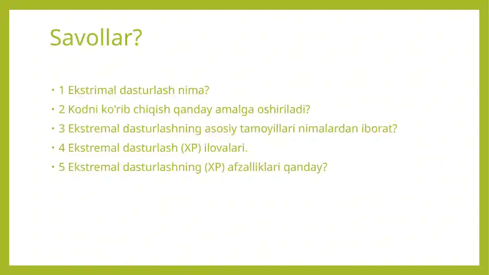 Dasturiy ta'minot muhandisligi. Ekstremal dasturlash 2