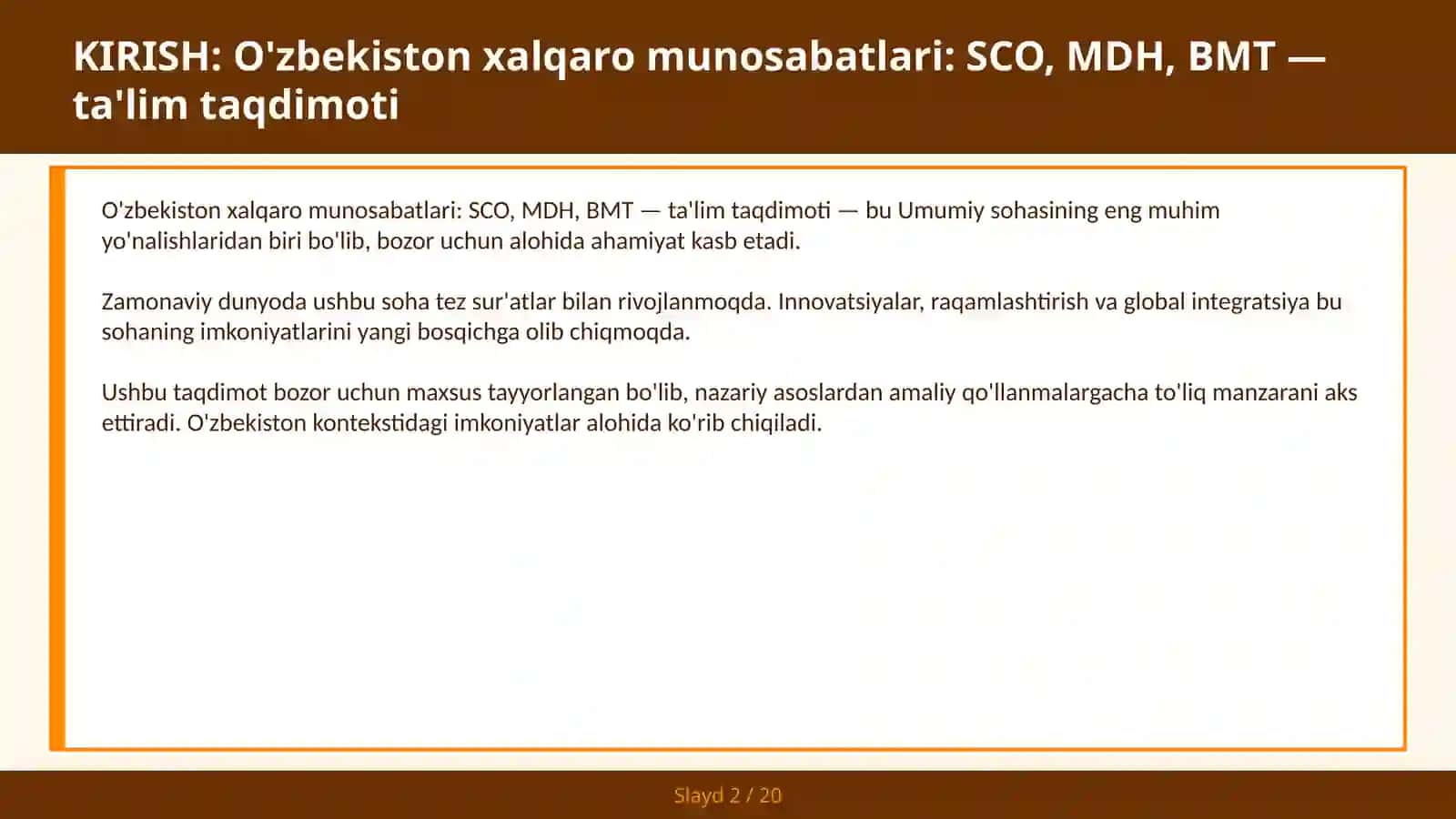O'zbekiston xalqaro munosabatlari: SCO, MDH, BMT — ta'lim taqdimoti 2