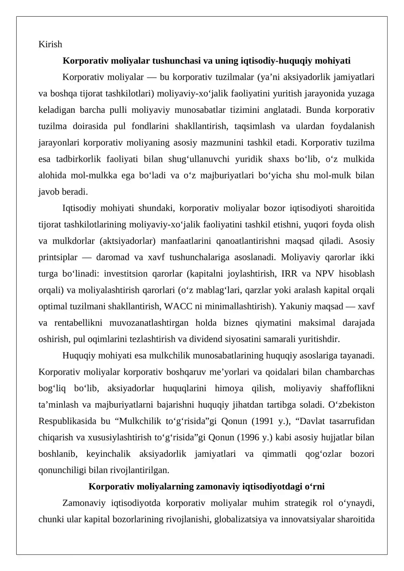 Korporativ moliyalar 2