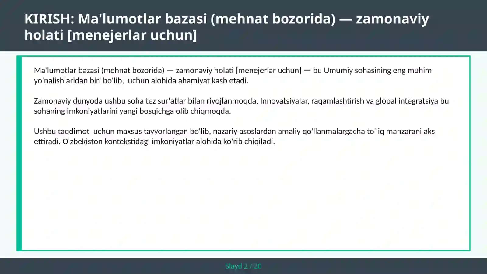 Ma'lumotlar bazasi (mehnat bozorida) — zamonaviy holati [menejerlar uchun] 2