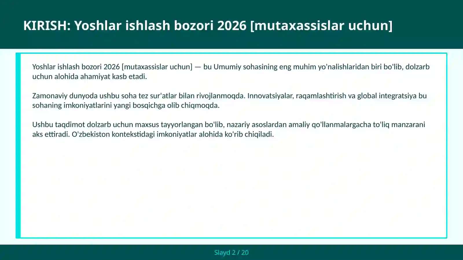 Yoshlar ishlash bozori 2026 [mutaxassislar uchun] 2