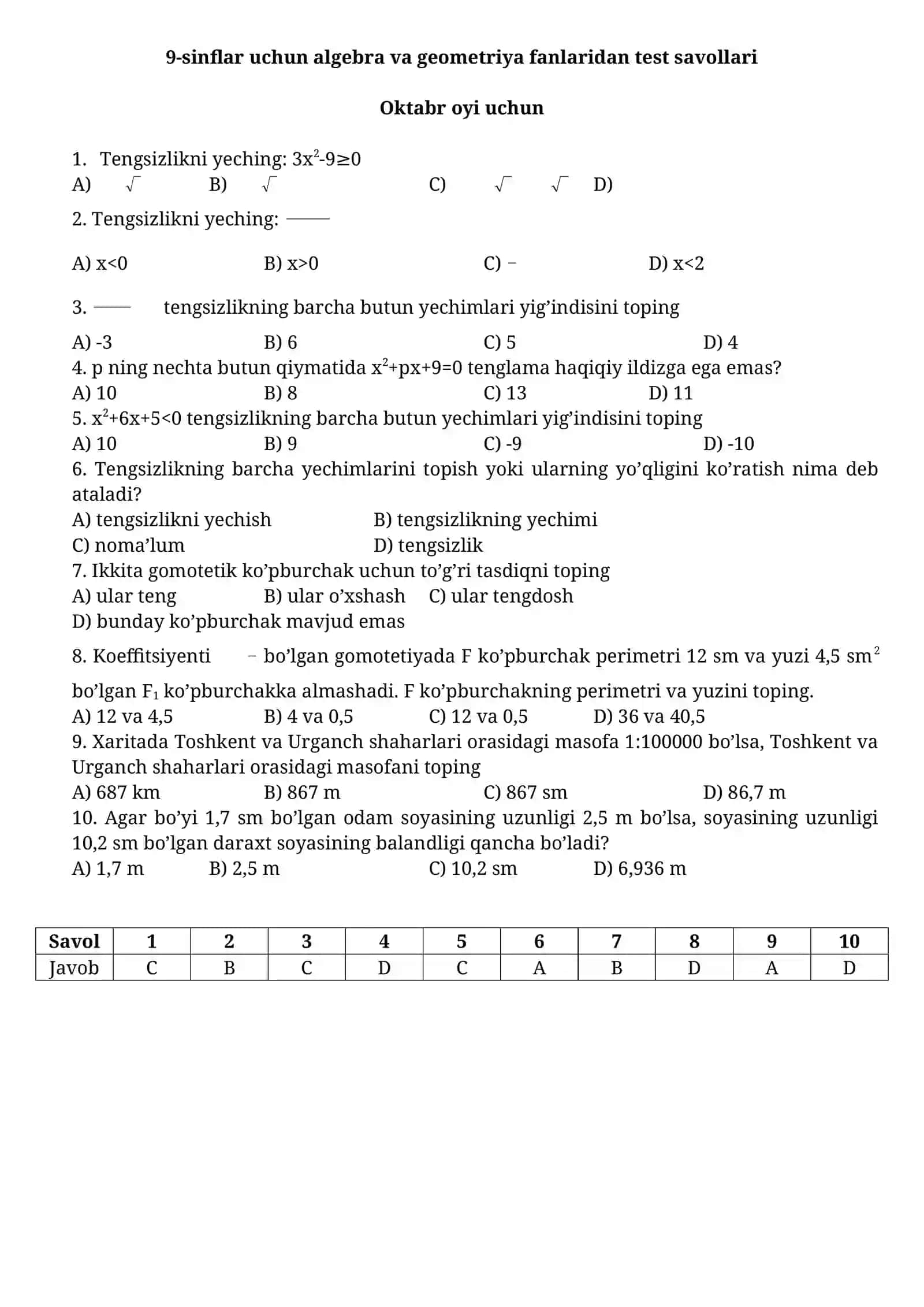 9-sinflar uchun algebra va geometriya fanlaridan test savollari 2
