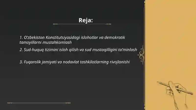 Oʻzbekistonda huquqiy siyosiy islohorlarning amalga oshirilishi, demokratik jamiyatni shakllantirish yoʻlidagi islohotlar Tursunboyeva Omina 108-guruh 2