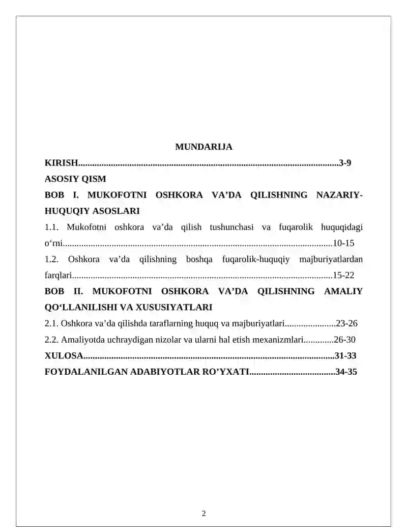 Mukofotni oshkora va qilish fuqarolik huquqiy tartibga solishning o'ziga xos xususiyatlari 2