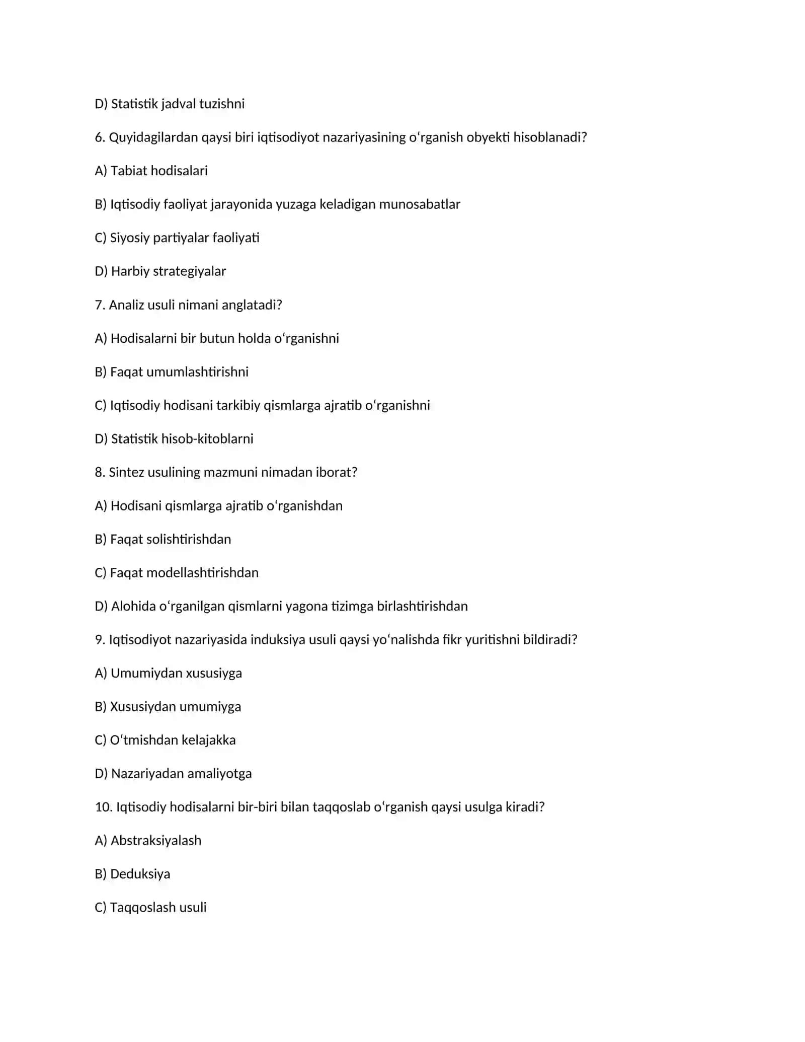 Iqtisodiyot nazariyasi fanidan testlar 2