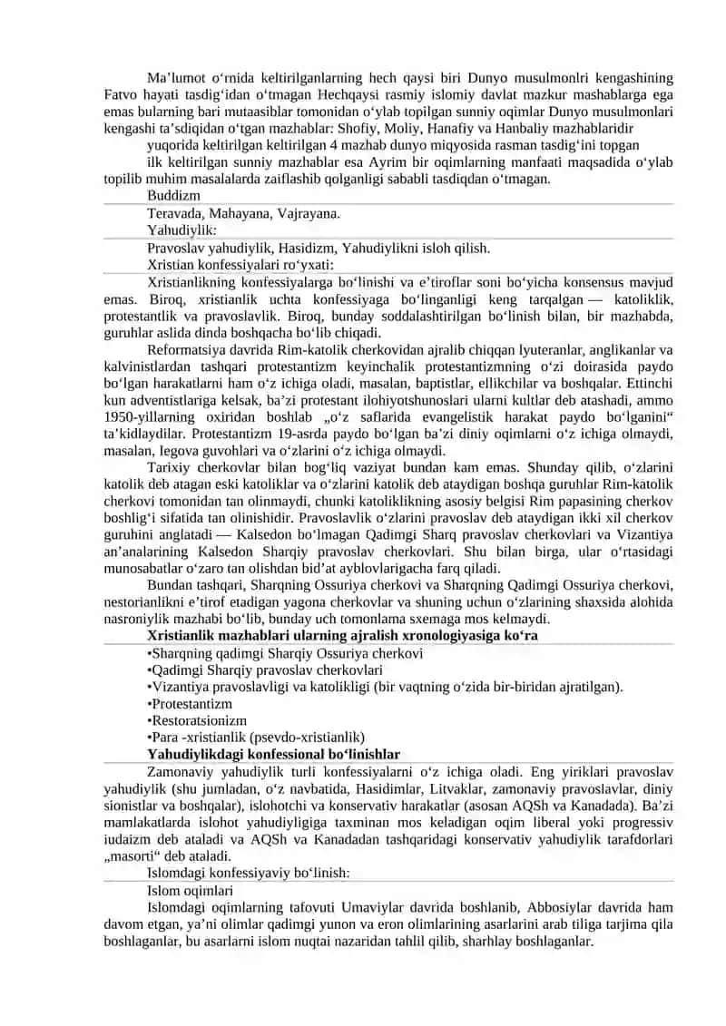 Konfessiya tushunchasining mohiyati va O‘zbekistonda faoliyat yurituvchi diniy konfessiyalarning tasnifi 2