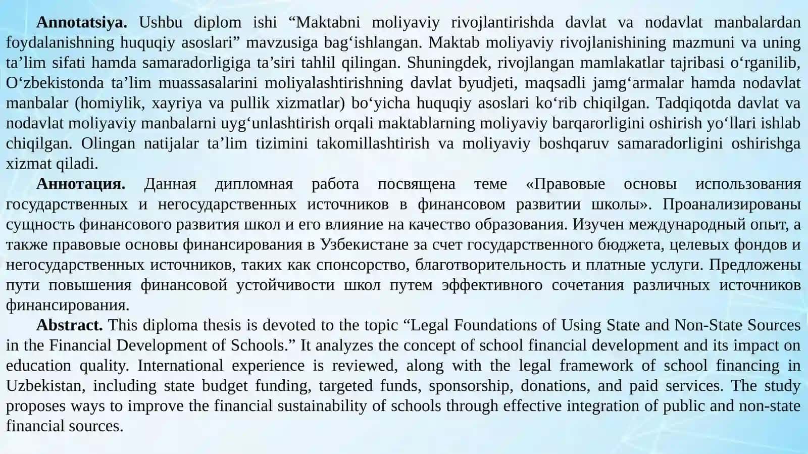 "MAKTABNI MOLIYAVIY RIVOJLANTIRISHDA DAVLAT VA NODAVLAT MANBALARDAN FOYDALANISHNING HUQUQIY ASOSLARI" 2