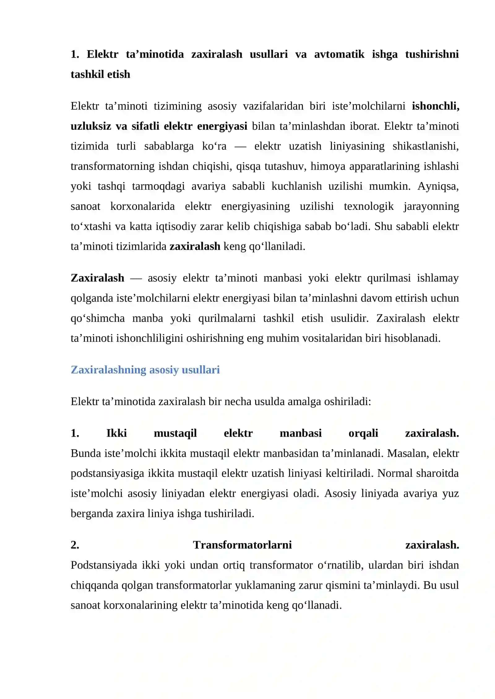 mustaqil ish Elektr ta’minotida zaxiralash usullari va avtomatik ishga tushirishni tashkil etish 2