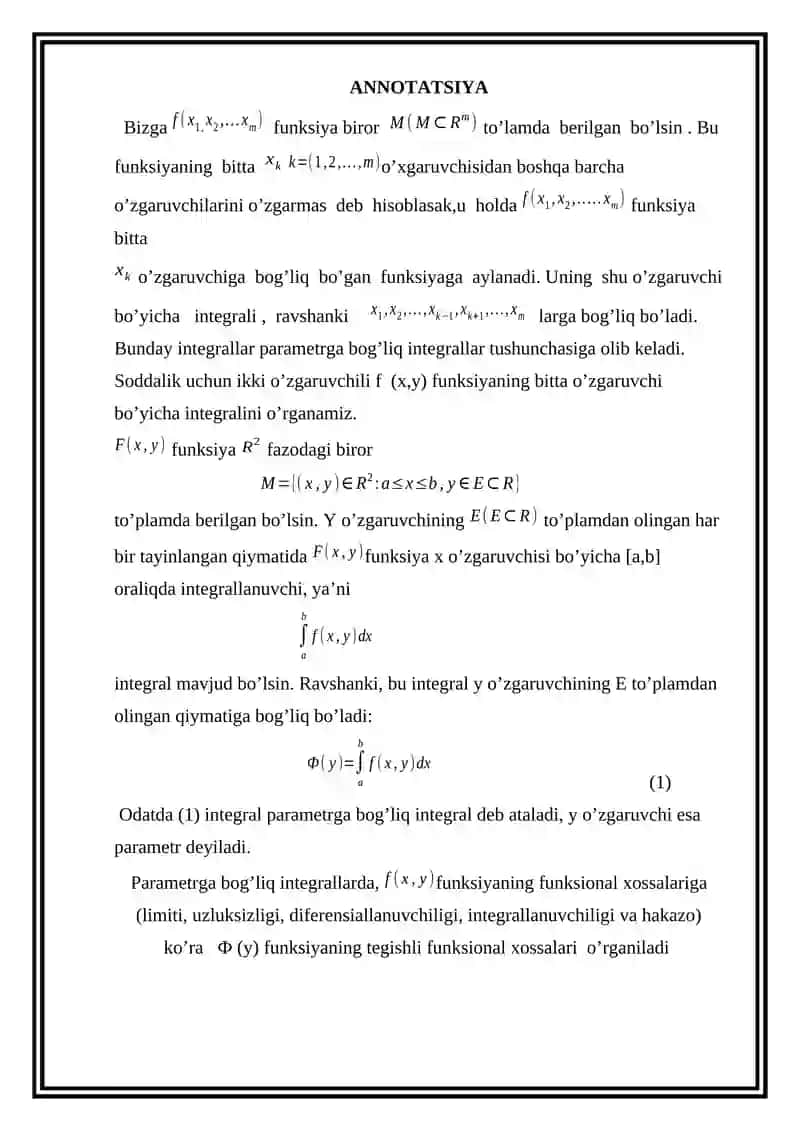 PARAMETRGA BOG’LIQ INTEGRALLAR 2