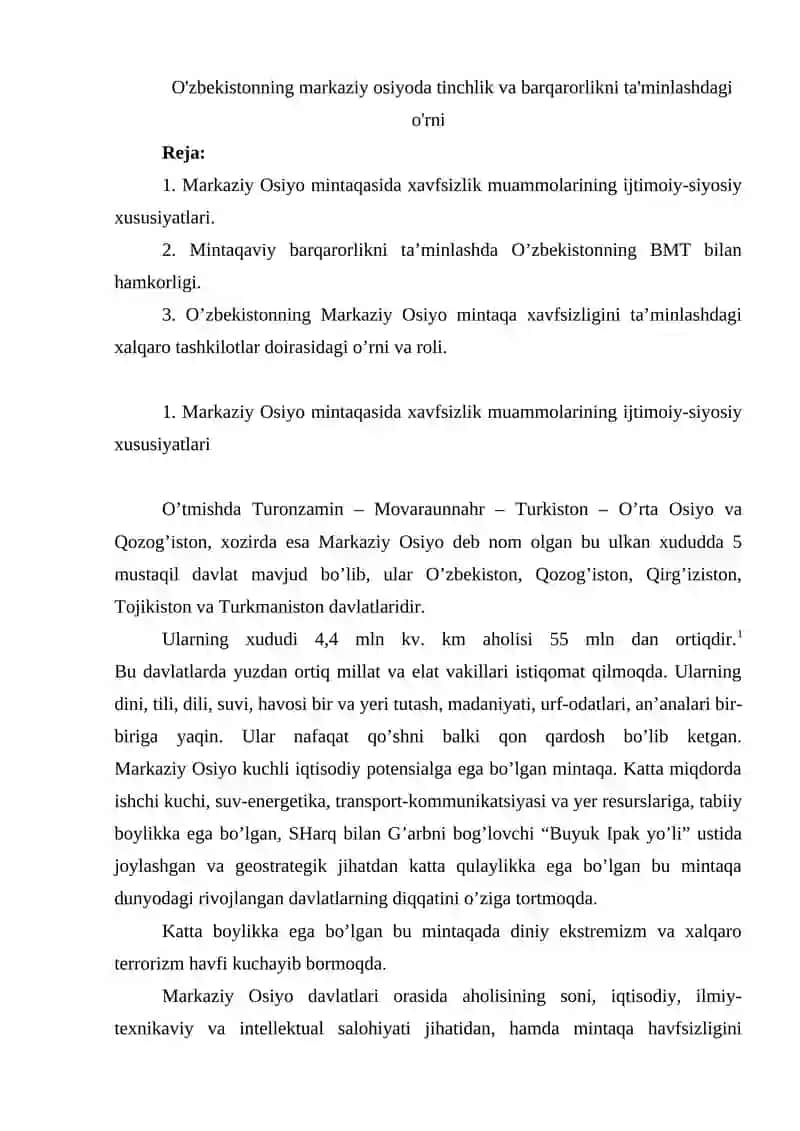 O'zbekistonning markaziy osiyoda tinchlik va barqarorlikni ta'minlashdagi MUSTAQIL ISH 2