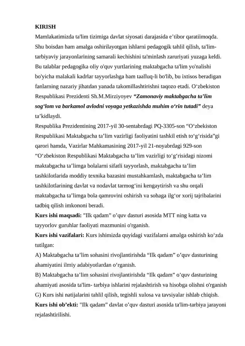 ILK QADAM DASTURI ASOSIDA MTT NING KATTA VA TAYYORLOV GURUHLARIDAGI FAOLIYATLAR MAZMUNI 2