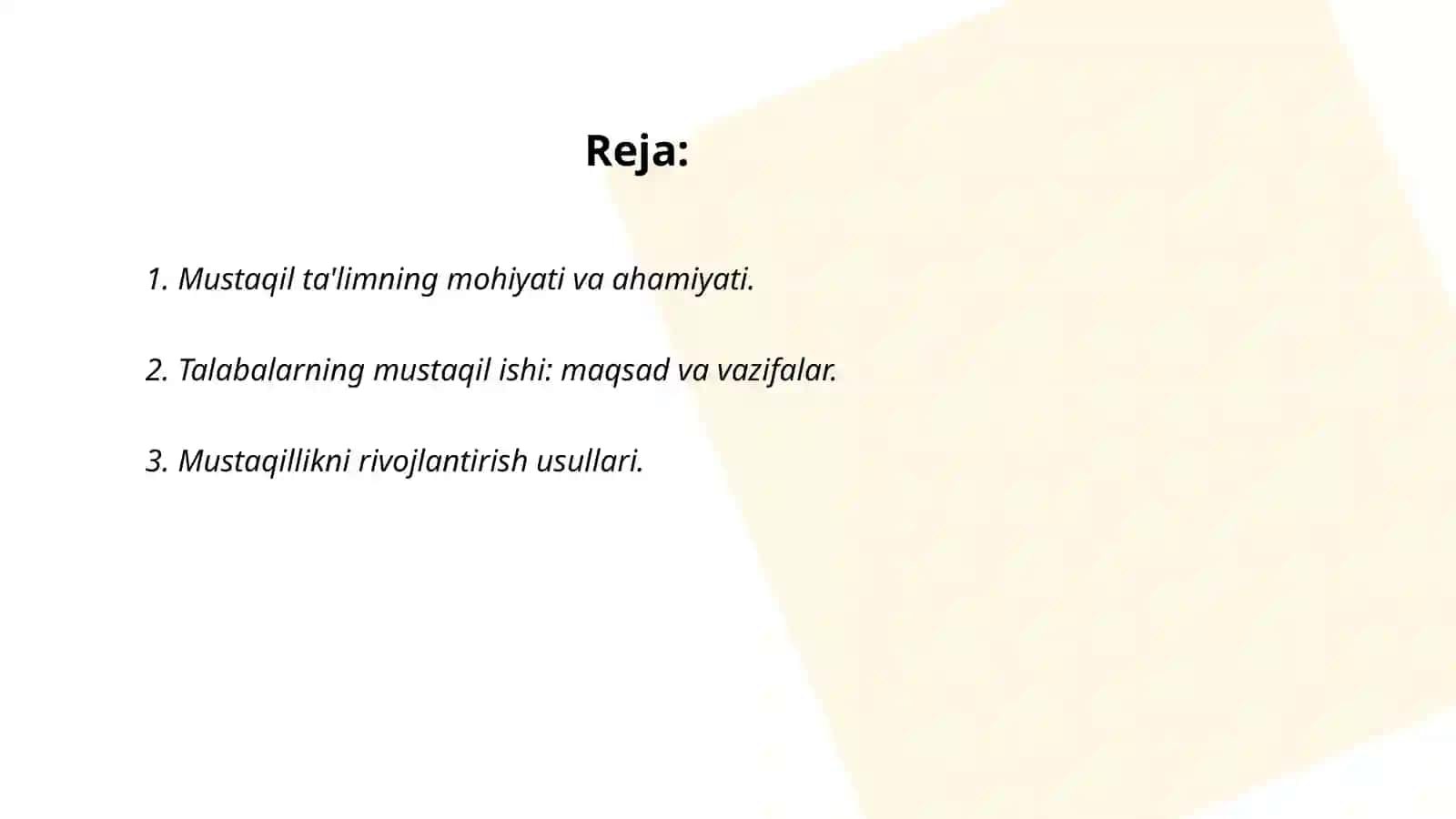 Talabalarning mustaqil ishi va mustaqil mashg'ulotlarni tashkil etishning o'ziga xos xususiyatlari 2