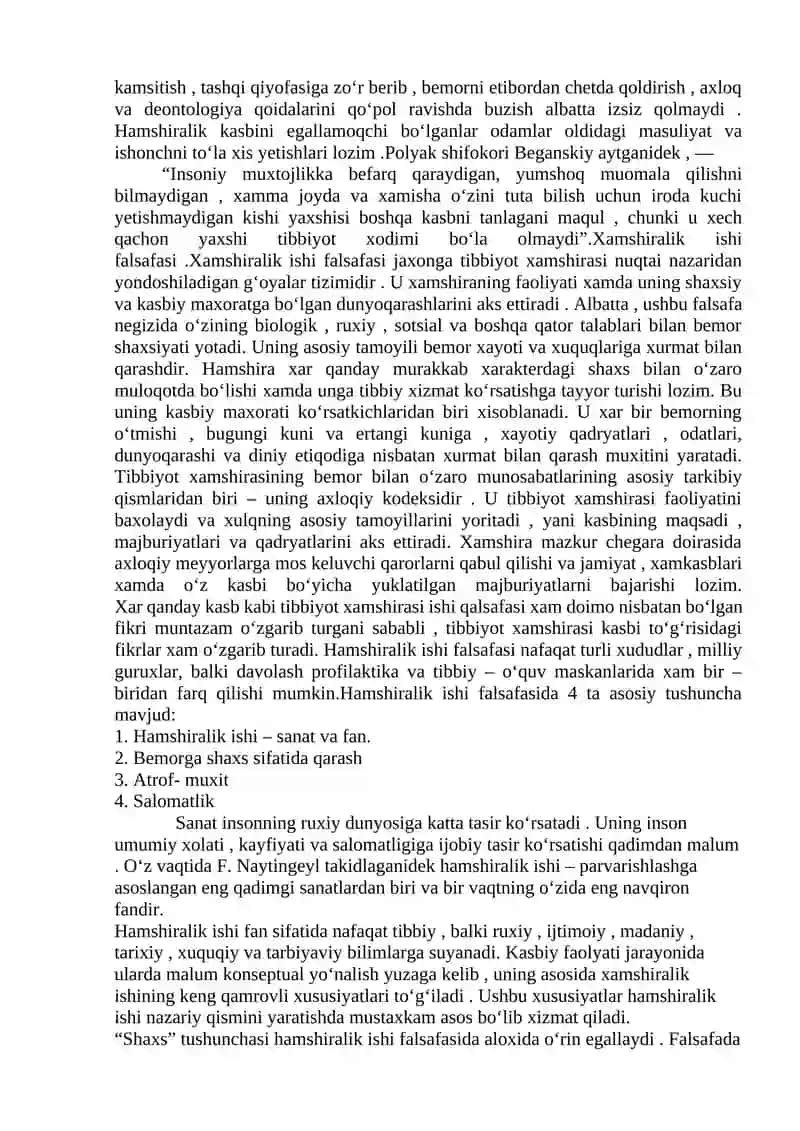 Hamshiralik ishi asoslari, rivojlanish tarixi , hamshiralik jarayoni. 2