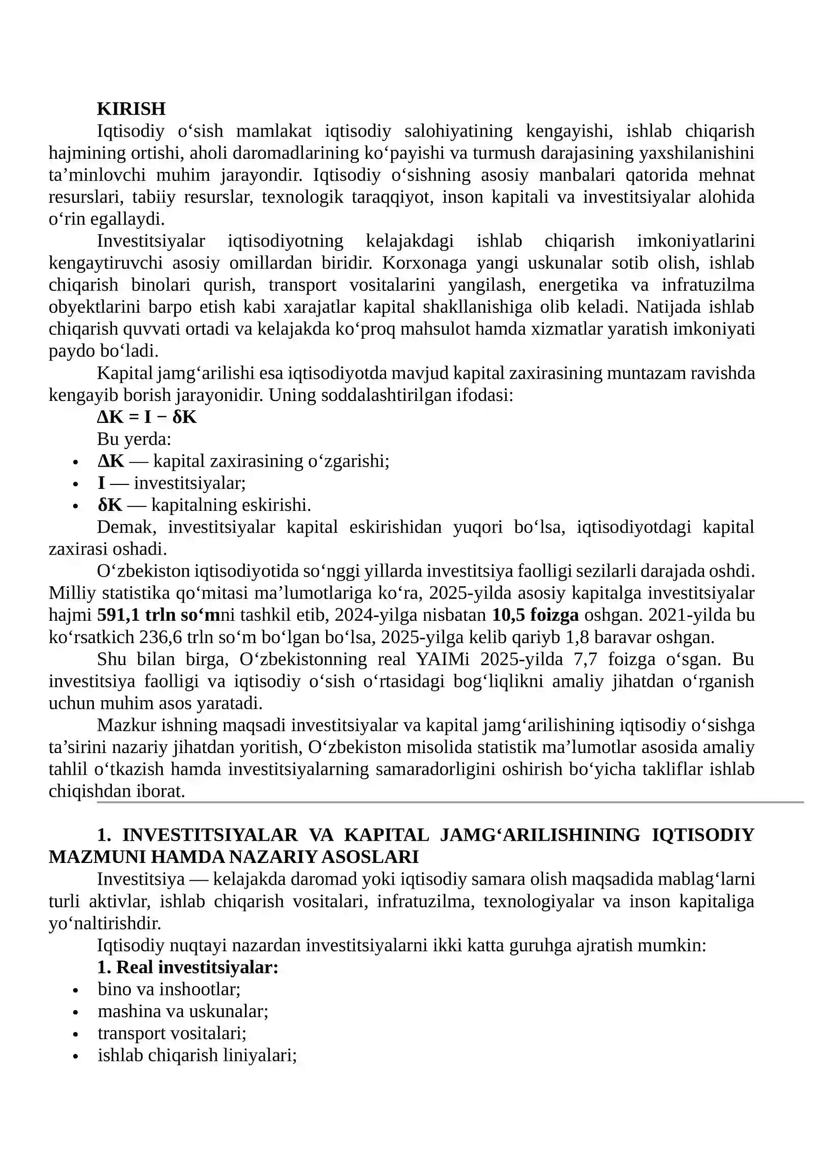 INVESTITSIYALAR VA KAPITAL JAMG‘ARILISHINING IQTISODIY O‘SISHGA TA’SIRI BO‘YICHA AMALIY TAHLIL 2