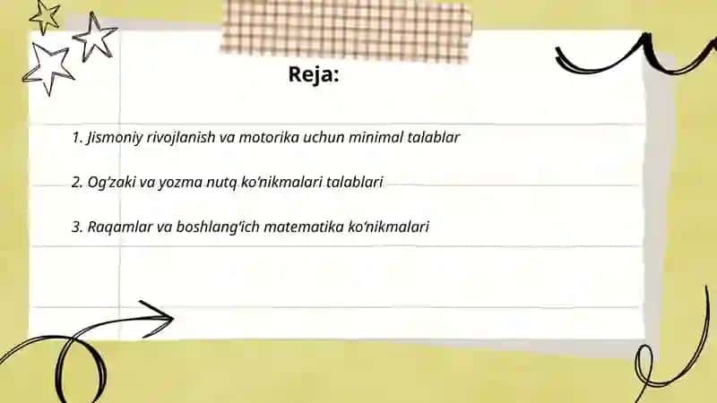 Bolalarni maktabga tayorgarlik darajasiga qòyilgan minimal talablar 2