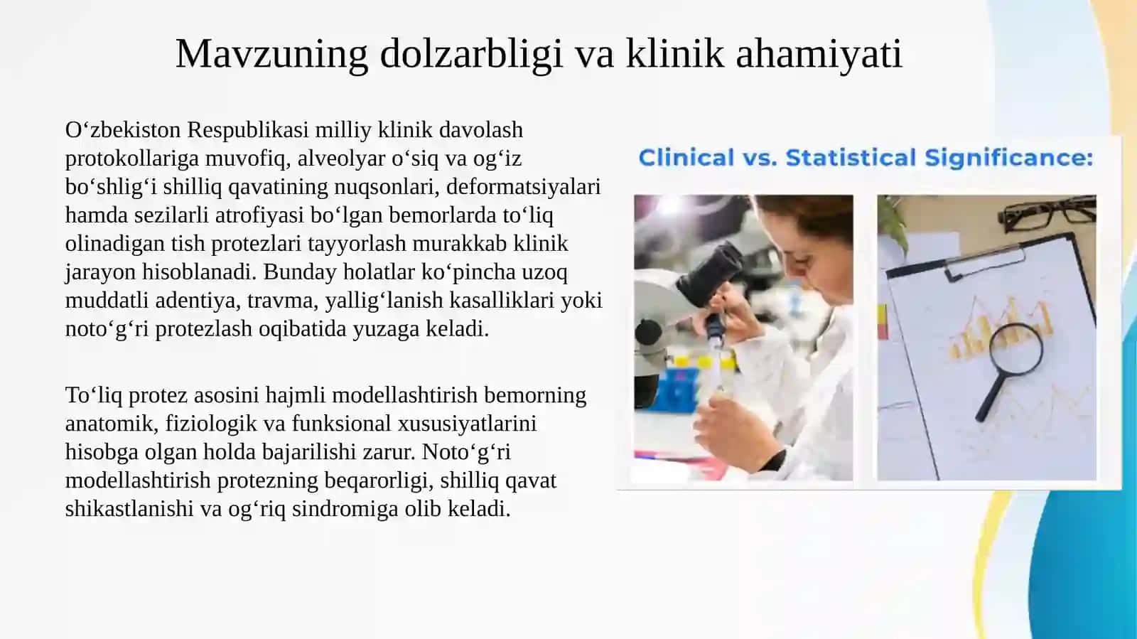 O'zbekiston Respublikasi milliy klinik davolash protokollariga muvofiq alveolyar o'siq va og'iz bo'shlig'i shilliq qavatining nuqsonlari, deformatsiyalari, sezilarli atrofiyasida umumiy amaliyot shifokori tomonidan to'liq olinadigan tish protezi asosini hajmli modellashtirishda amaliy klinik va laboratoriya ko'nikmalarini o'zlashtirish. 2