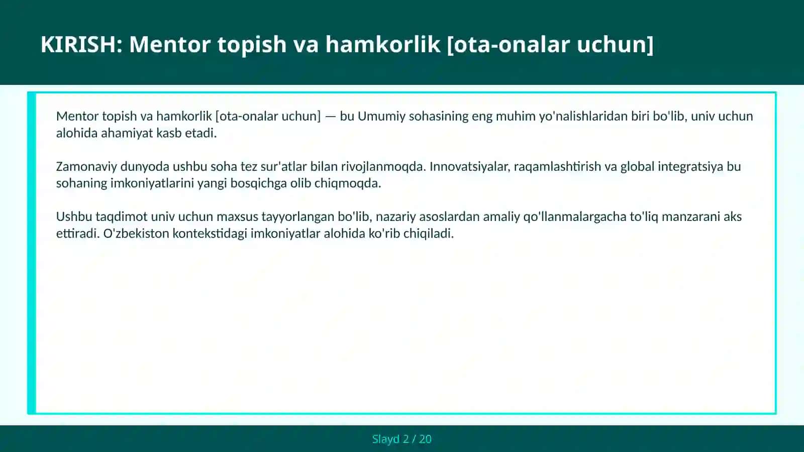 Mentor topish va hamkorlik [ota-onalar uchun] 2