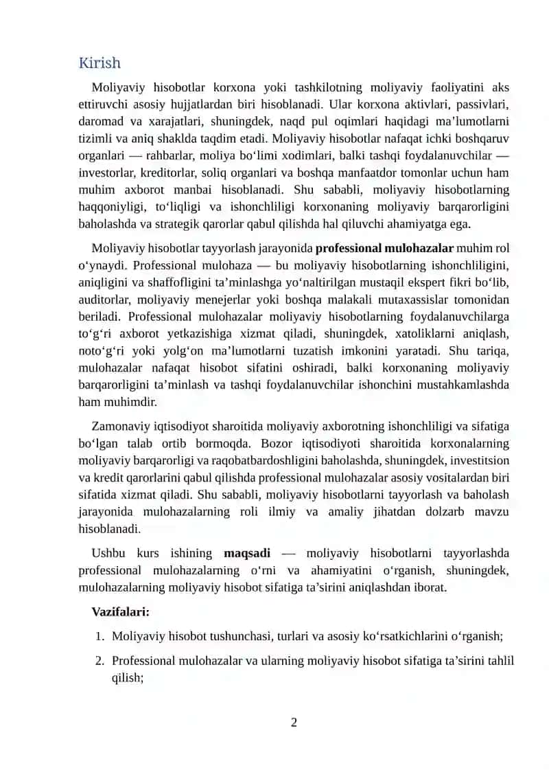 Moliyaviy hisobotni tayyorlashda professional mulohazalarning o`rni 2