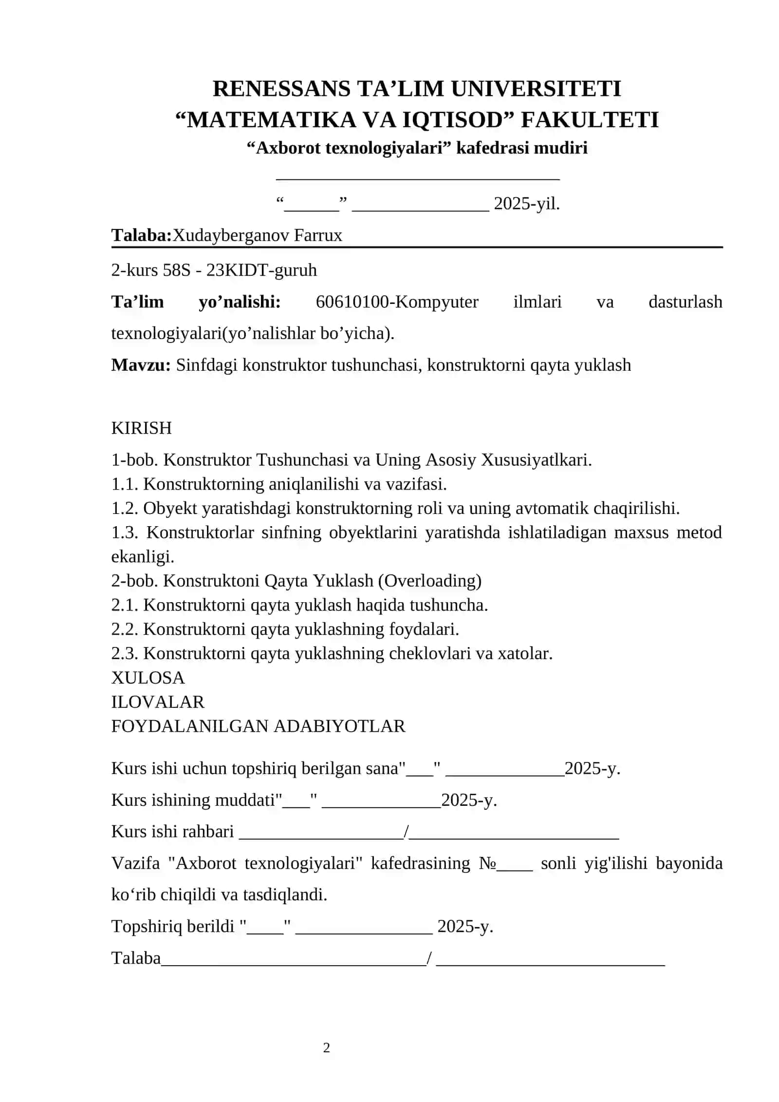 Sinfdagi konstruktor tushunchasi, konstruktorni qayta yuklash 2