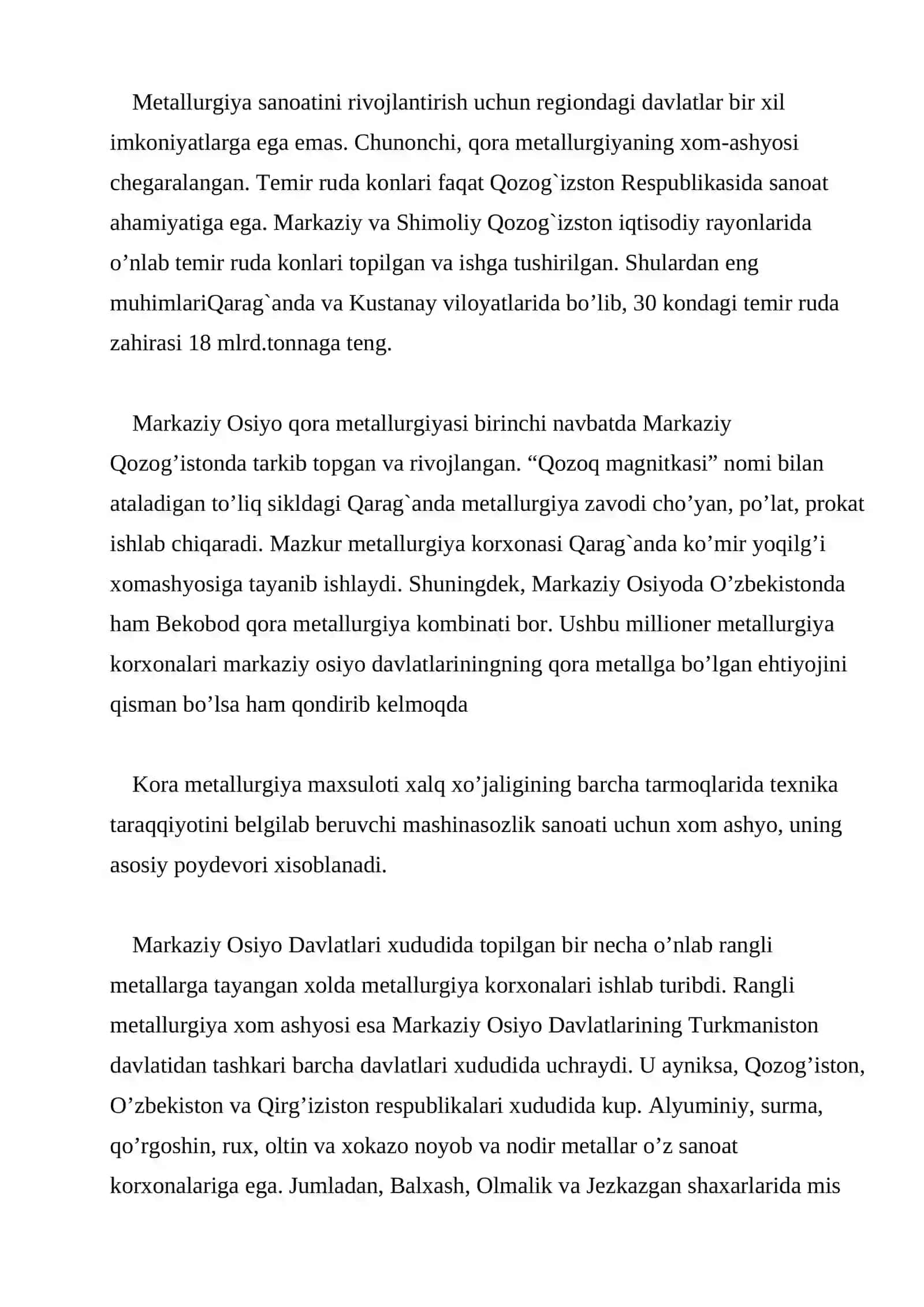 O’RTA OSIYO RESPUBLIKALARINING METALLURGIYA SANOATI 2